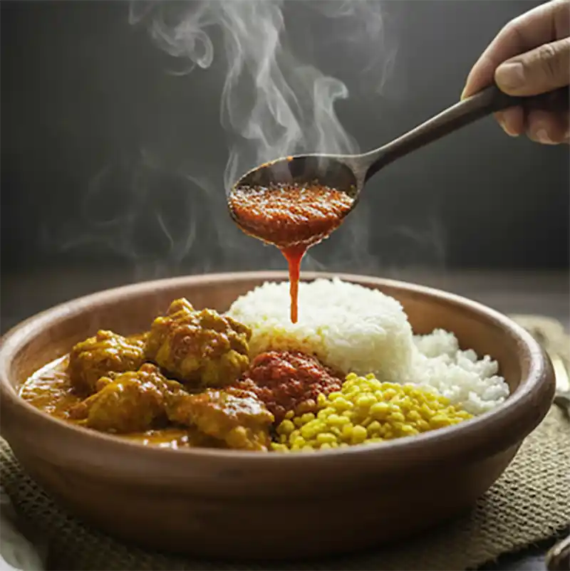 Cari traditionnel réunionnais accompagné de sa sauce piquante artisanale