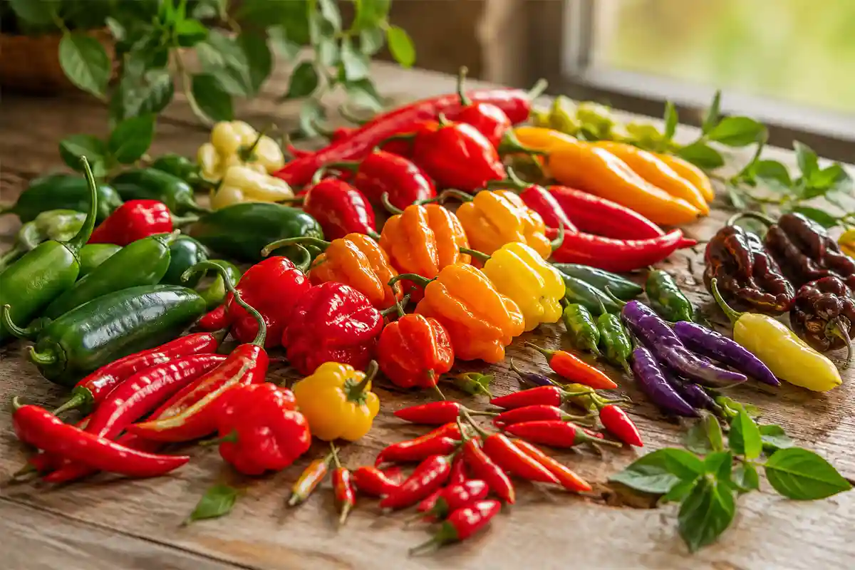Différentes variétés de piments frais rouges, verts et jaunes