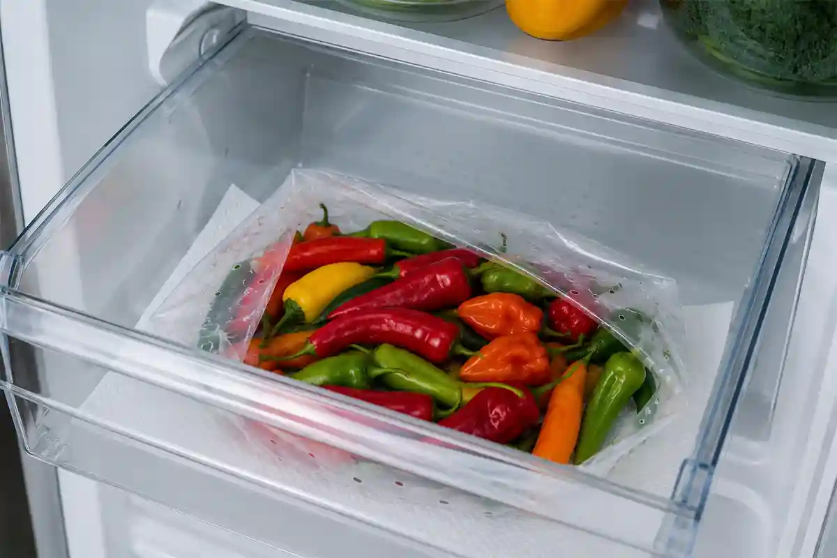 Piments frais conservés dans le bac à légumes du réfrigérateur