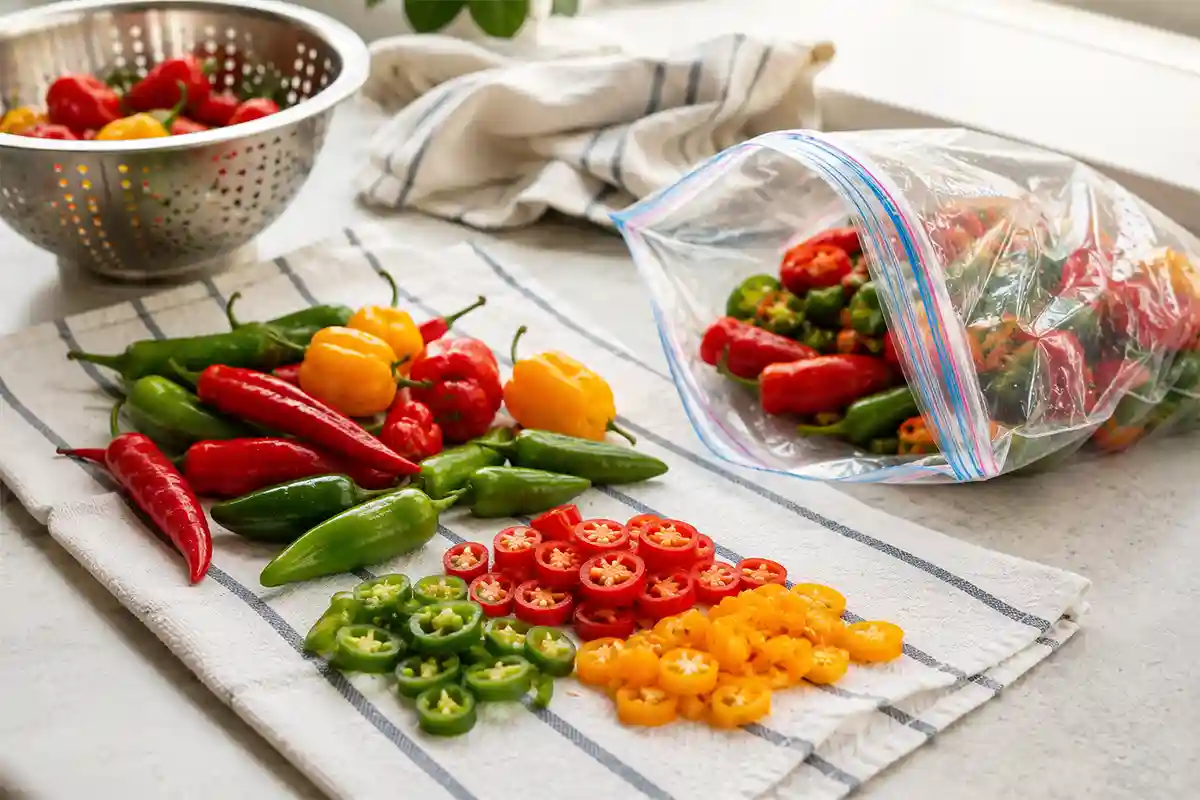 Piments frais entiers préparés pour être congelés
