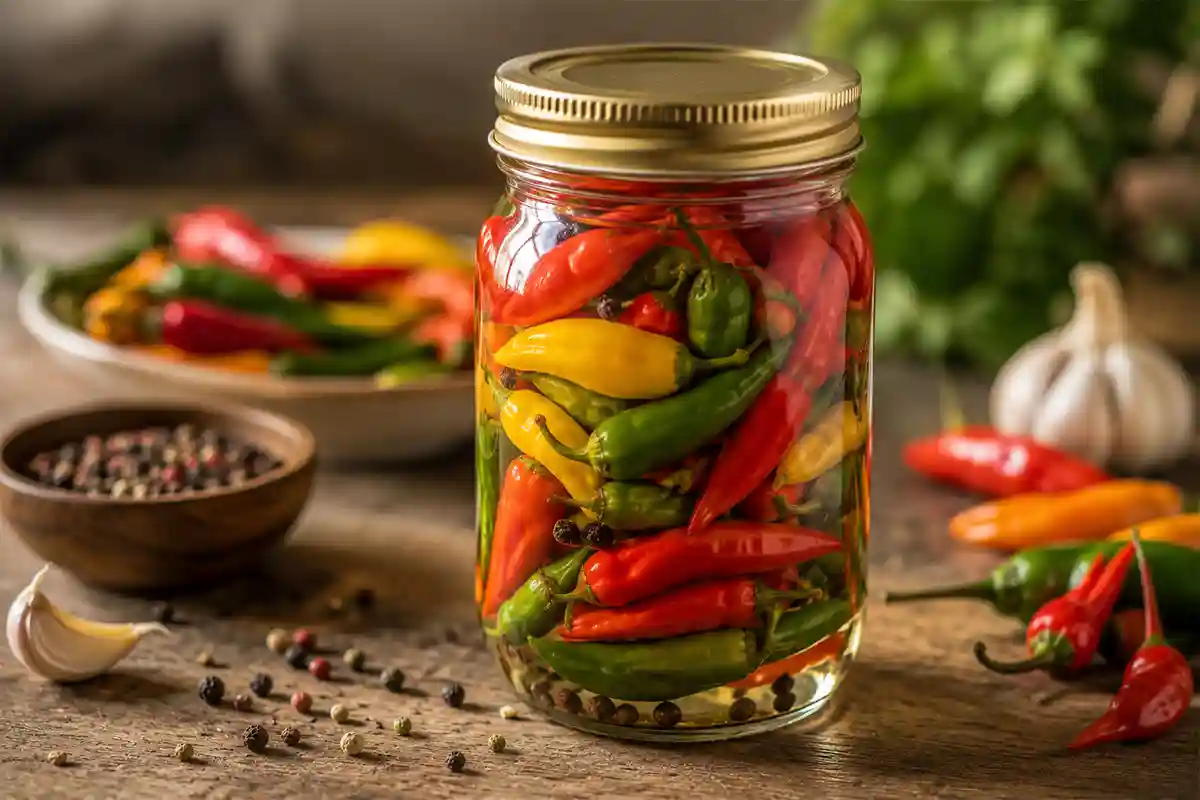 Piments frais conservés dans un bocal avec du vinaigre