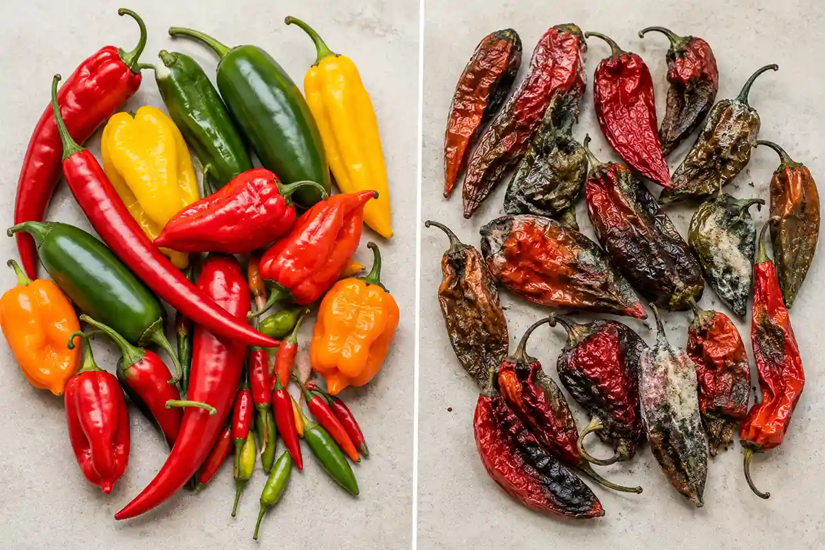 6 Comparaison entre des piments frais et des piments devenus impropres à la consommation.