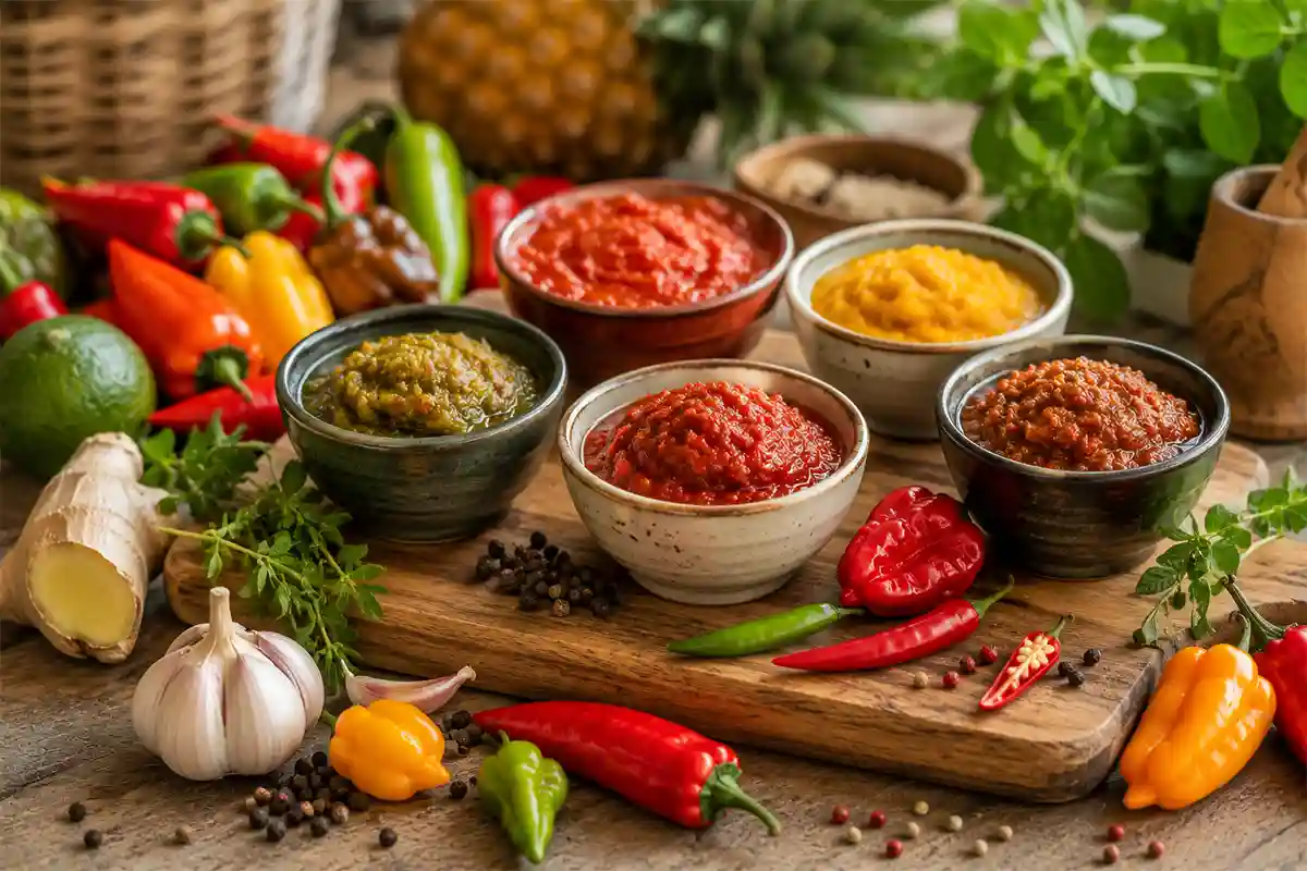 Pâtes de piment artisanales et sauces piquantes accompagnées de piments frais
